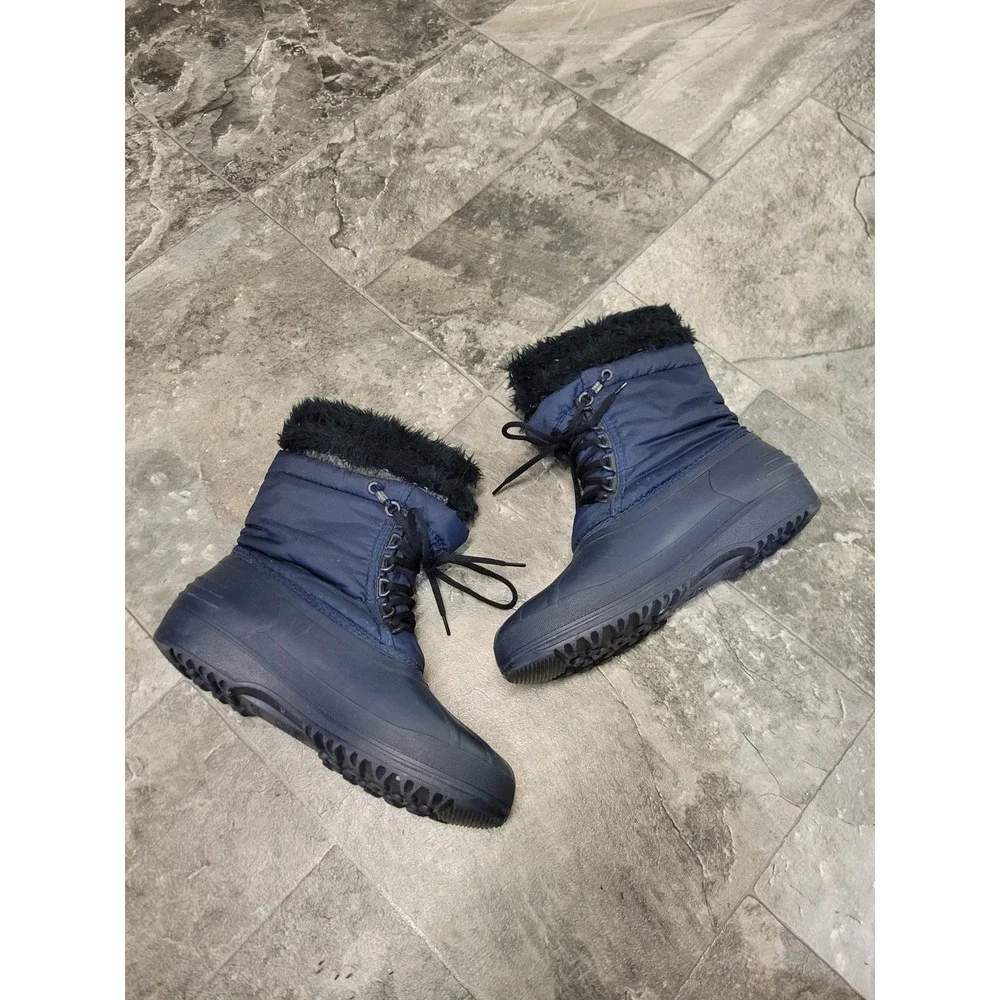 Sorel Snow Boots Navy Blue Faux Fur Trim Snowflake Embroidered Duck Boots Size 9
